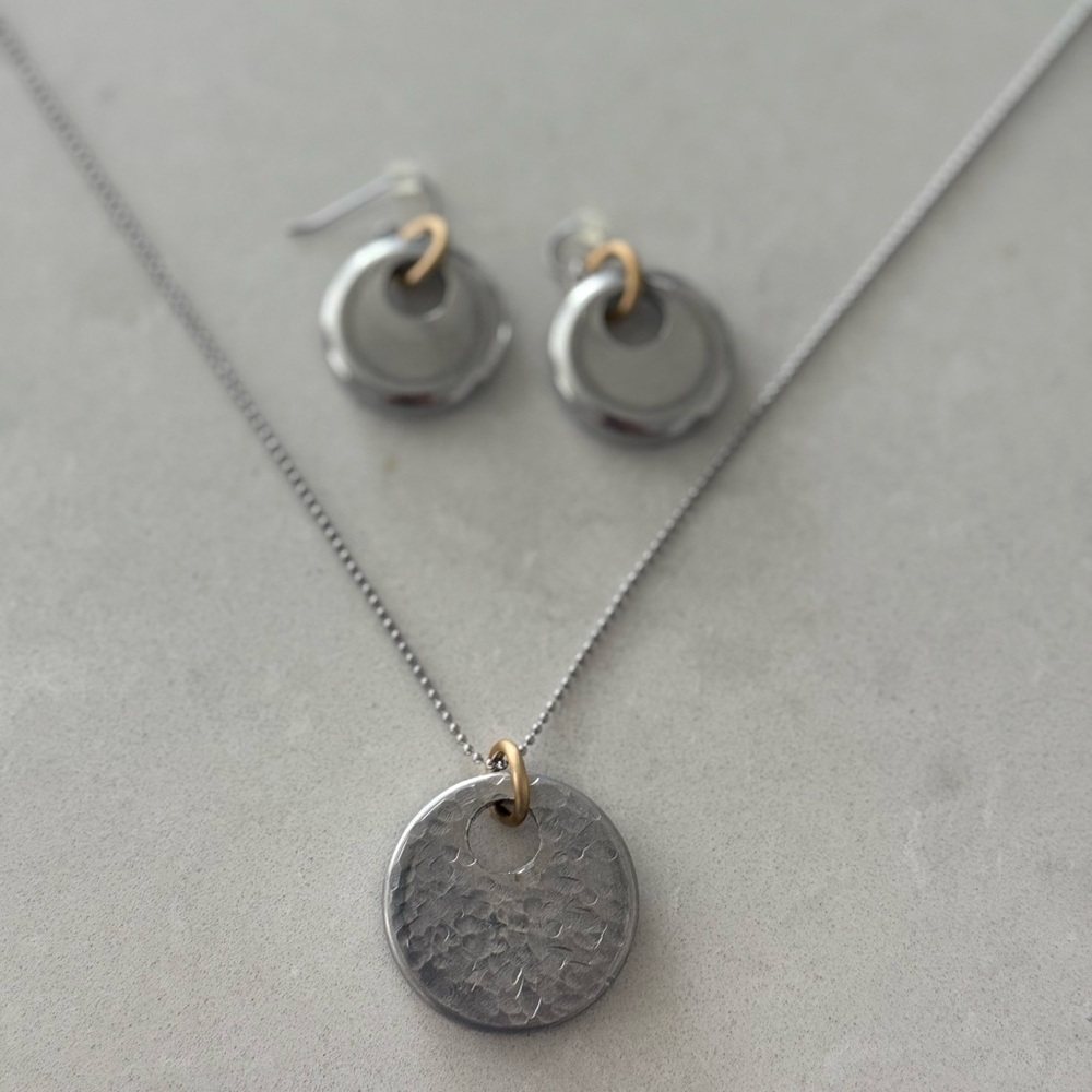 Elegant Silver and Gold Pendant Necklace and Earring Set